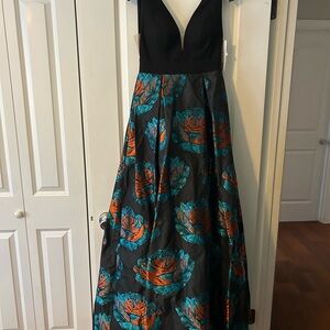 Jovani Black and Teal Maxi Dress with Floral Design